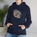 Detail of the double-lined hood on the Compass Rose Hoodie, designed for warmth and durability.