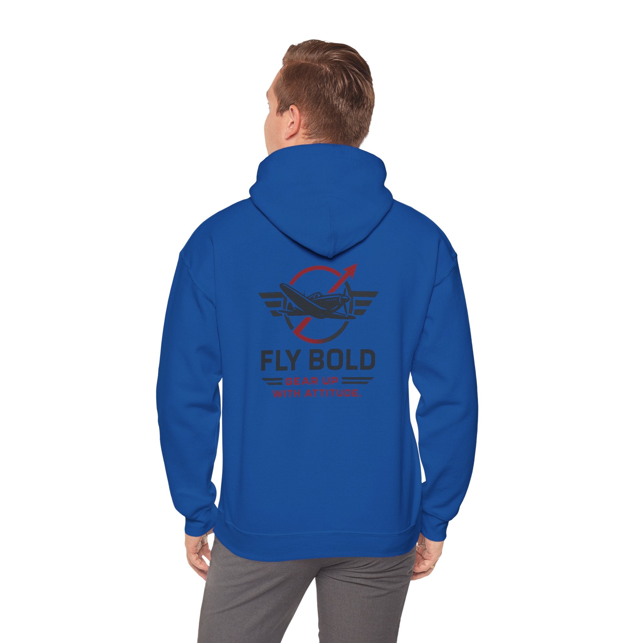 Model wearing Fly Bold Hoodie at an airport, showcasing its casual style.