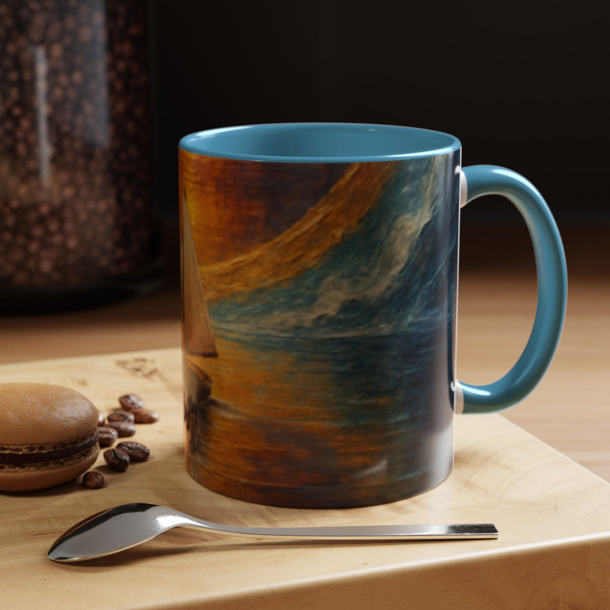 Sail into the Sun Ceramic Coffee Mug enjoyed with breakfast, enhancing the appeal of a coastal morning theme.