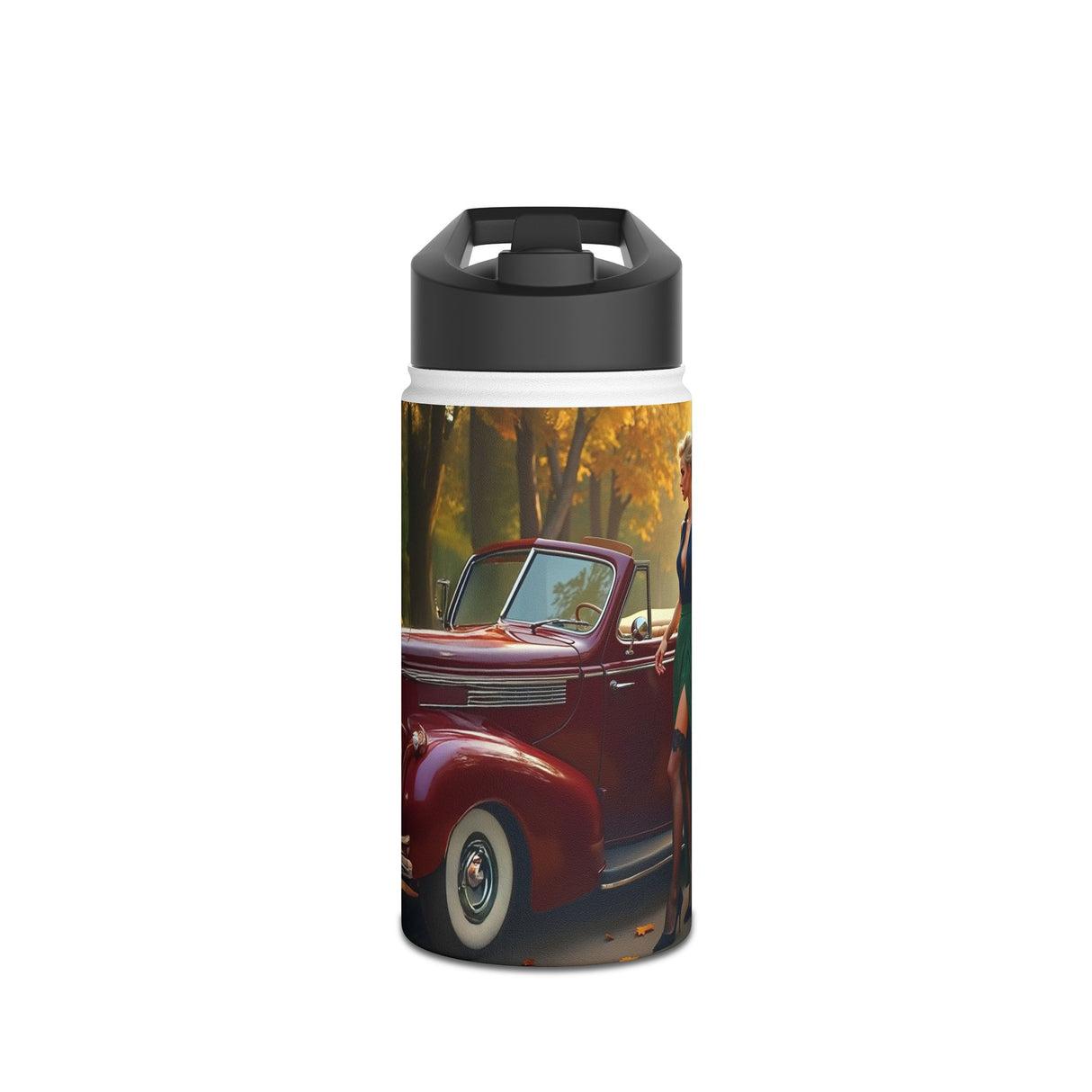 Close-up of the Vintage Red Convertible Water Bottle showcasing vivid full-wrap print of a nostalgic autumn drive.