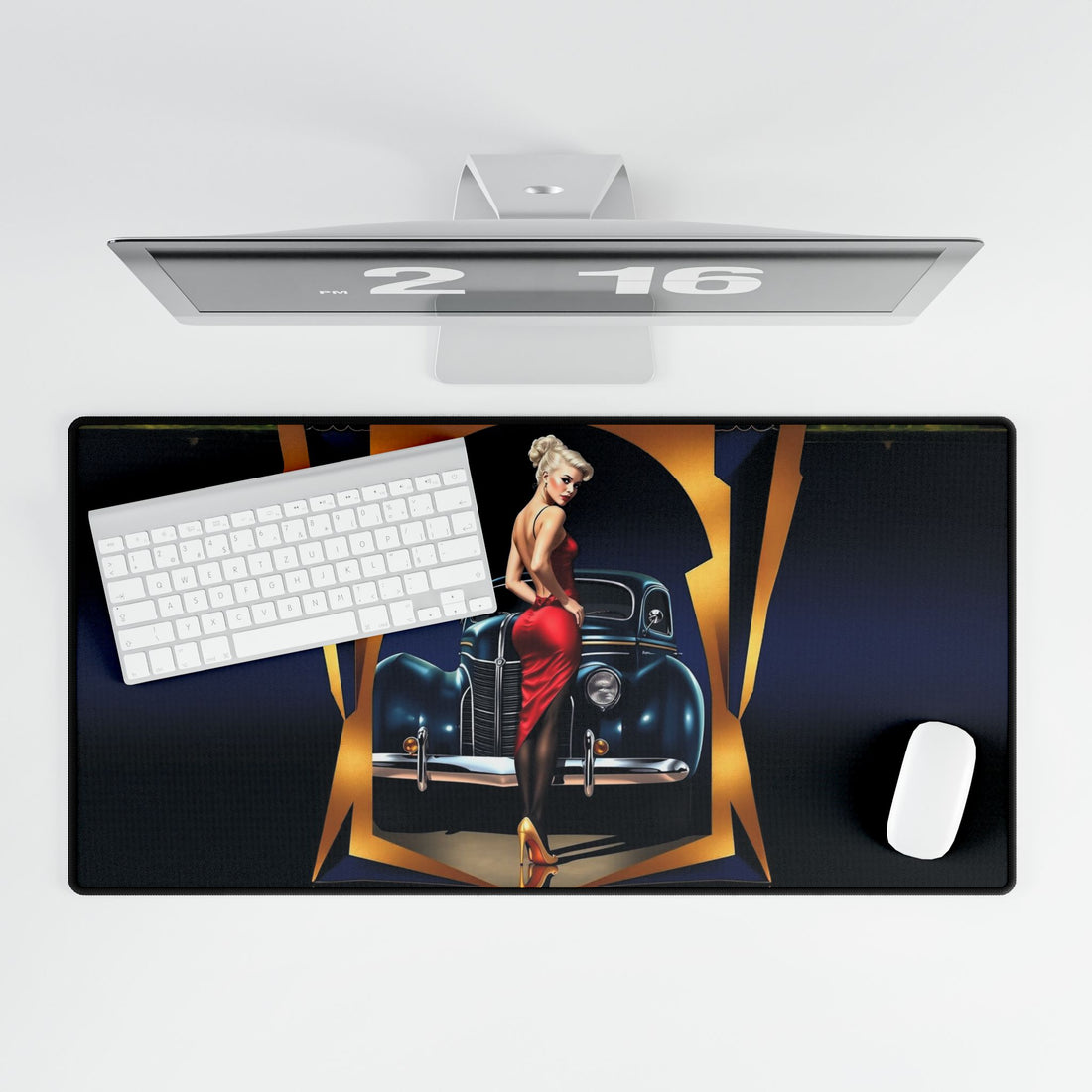 Close-up of the Vintage-Inspired Desk Mat featuring a Classic Car Design, showcasing the vibrant colors and smooth surface for effortless mouse movement.