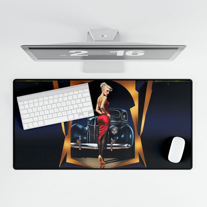 Close-up of the Vintage-Inspired Desk Mat featuring a Classic Car Design, showcasing the vibrant colors and smooth surface for effortless mouse movement.