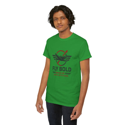 Close-up on the cotton fabric of the Fly Bold Graphic Tee, emphasizing its quality.