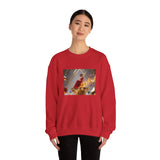 Crewneck Sweatshirt — Elegant Red Gown Art Print (Regal Celebration) capturing a serene moment in a theatrical setting with scattered confetti.