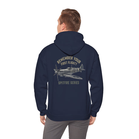 Spitfire Series Hoodie - Remember Your First Flight? Vintage WWII Plane Sweatshirt featuring a detailed Spitfire illustration on the back.