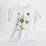 Celestial Compass Tee — Gold Star & Moon Astrology Graphic Shirt walking into natural light, highlighting its breathability.