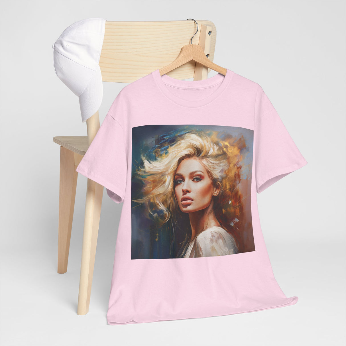 Energetic pose of a model wearing the Portrait Art T-Shirt at a social gathering.