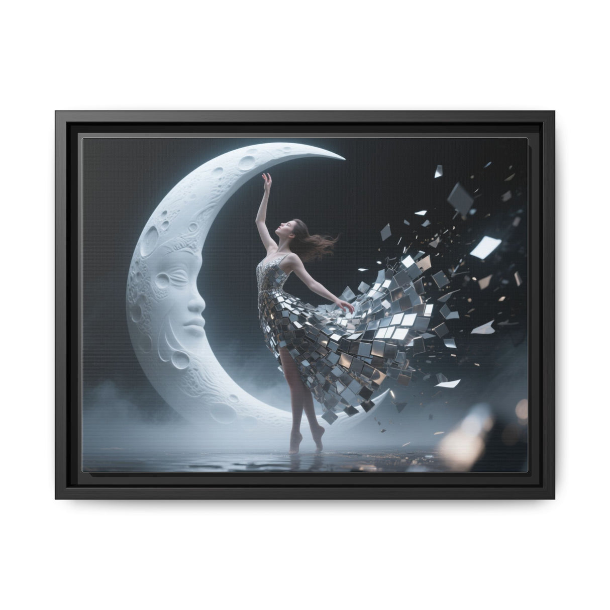 Framed Matte Canvas Art — Dancer & Moon Surreal Wall Decor displayed in a cozy reading nook setting with calming ambiance.