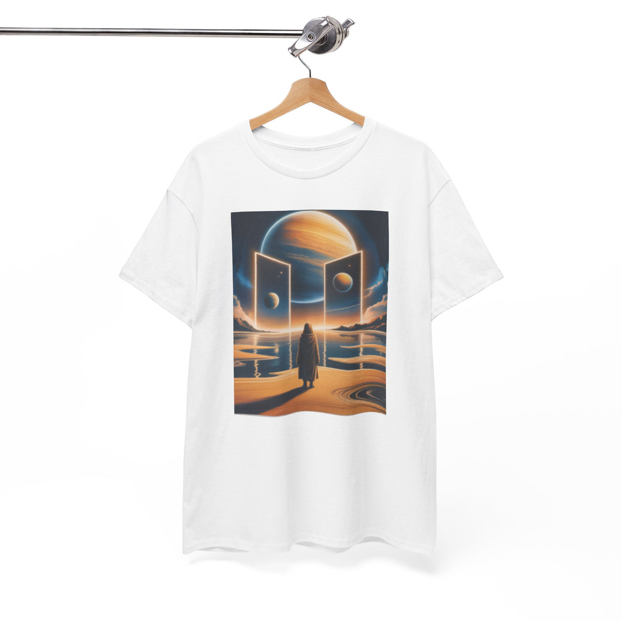 T-Shirt — Cosmic Portal Nightscape Graphic Tee with ribbed collar detail for added comfort and style.