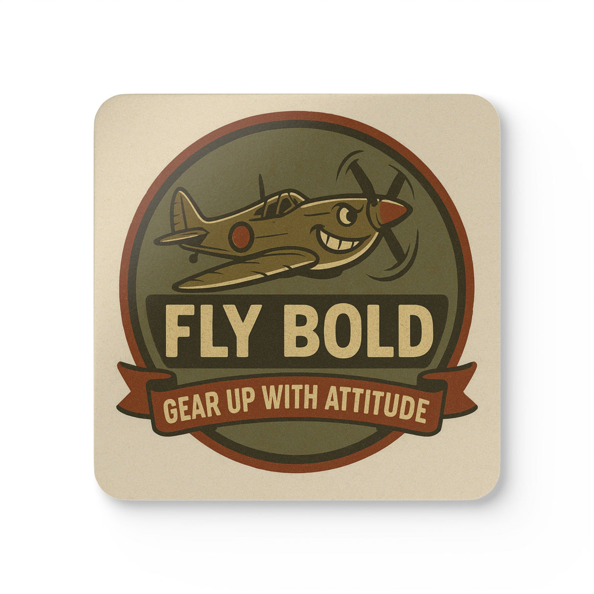 Vintage Airplane Cork Coaster Set - 'Fly Bold' Design showcasing colorful coasters on a wooden table.