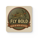 Vintage Airplane Cork Coaster Set - 'Fly Bold' Design showcasing colorful coasters on a wooden table.