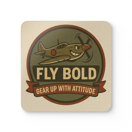 Vintage Airplane Cork Coaster Set - 'Fly Bold' Design showcasing colorful coasters on a wooden table.