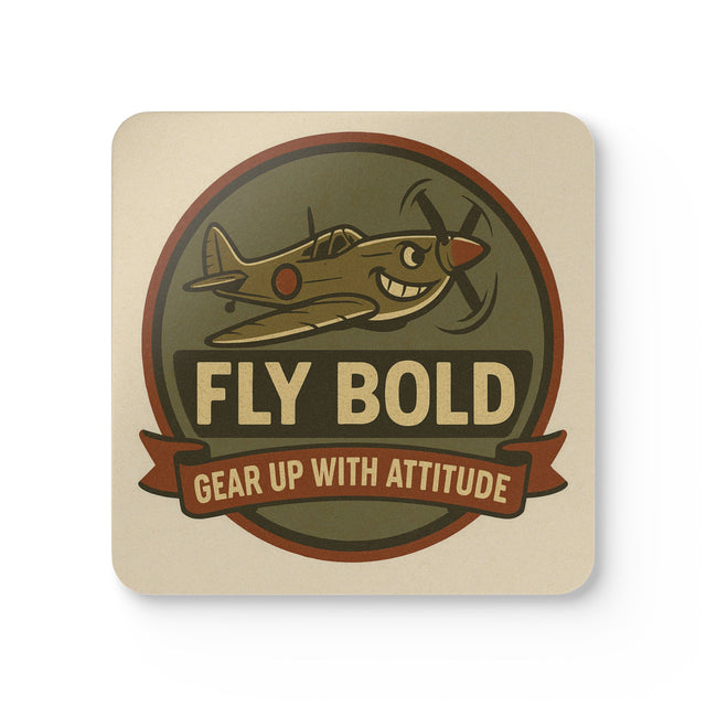Vintage Airplane Cork Coaster Set - 'Fly Bold' Design showcasing colorful coasters on a wooden table.