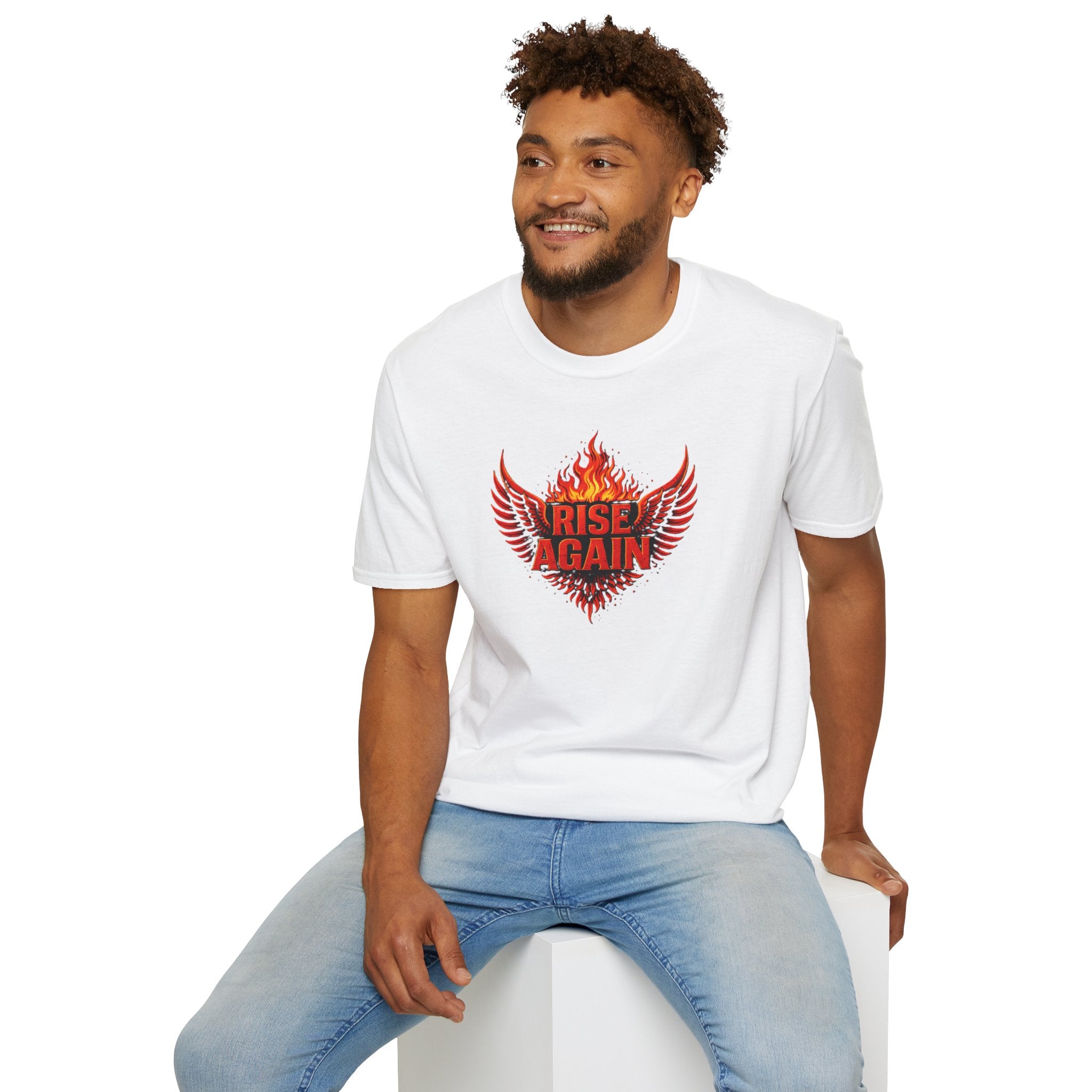 Man wearing a white t-shirt with a red and black graphic design on a white background