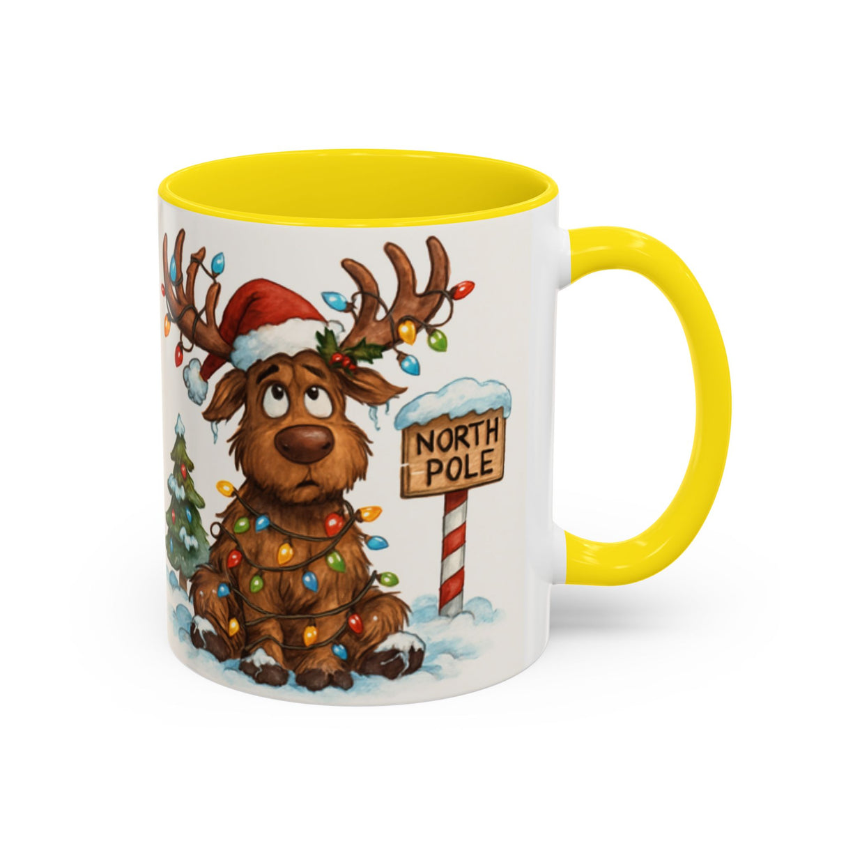 Lovely Christmas Reindeer Coffee Mug depicting winter themes, ideal for gift giving this holiday.