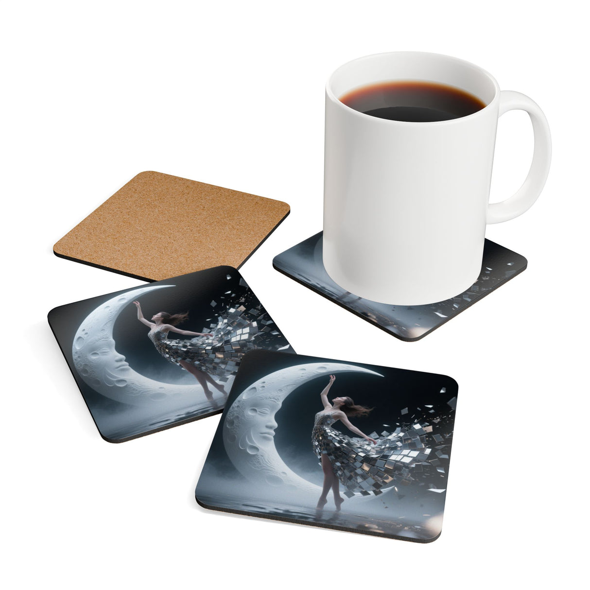Lunar Ballerina Corkwood Coasters – Moon Dance Decorative Drink Coaster Set