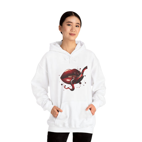 Close-up of the Lip Bite Hoodie showcasing the detailed lip-and-tongue graphic on a cozy pullover.