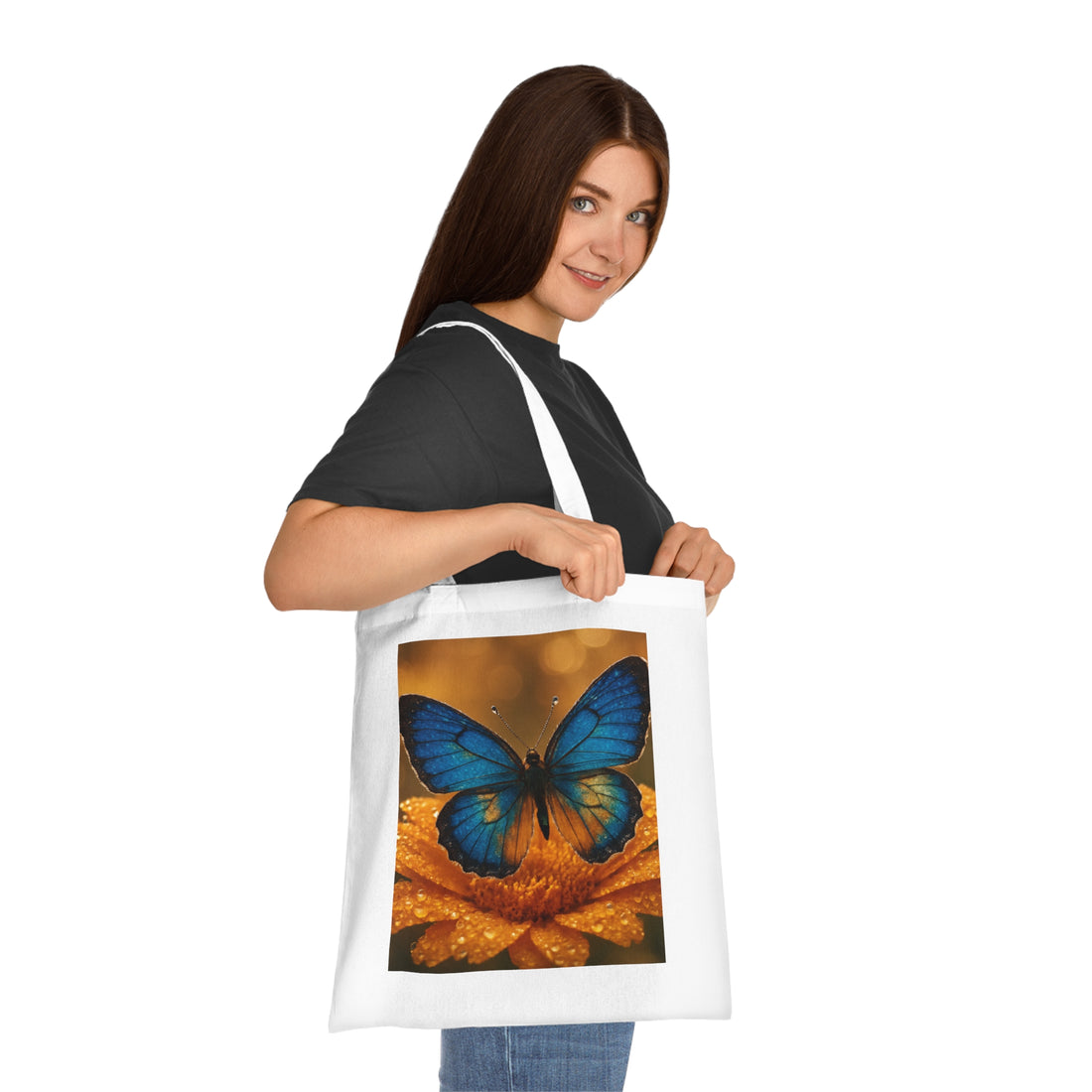 Close-up of the Blue Butterfly Cotton Tote — Nature Floral Reusable Shopper Bag, highlighting the double-sided design with vivid floral imagery.