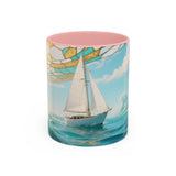 Sailboat Ocean Waves Accent Coffee Mug — Nautical Sea Morning Tea Cup US
