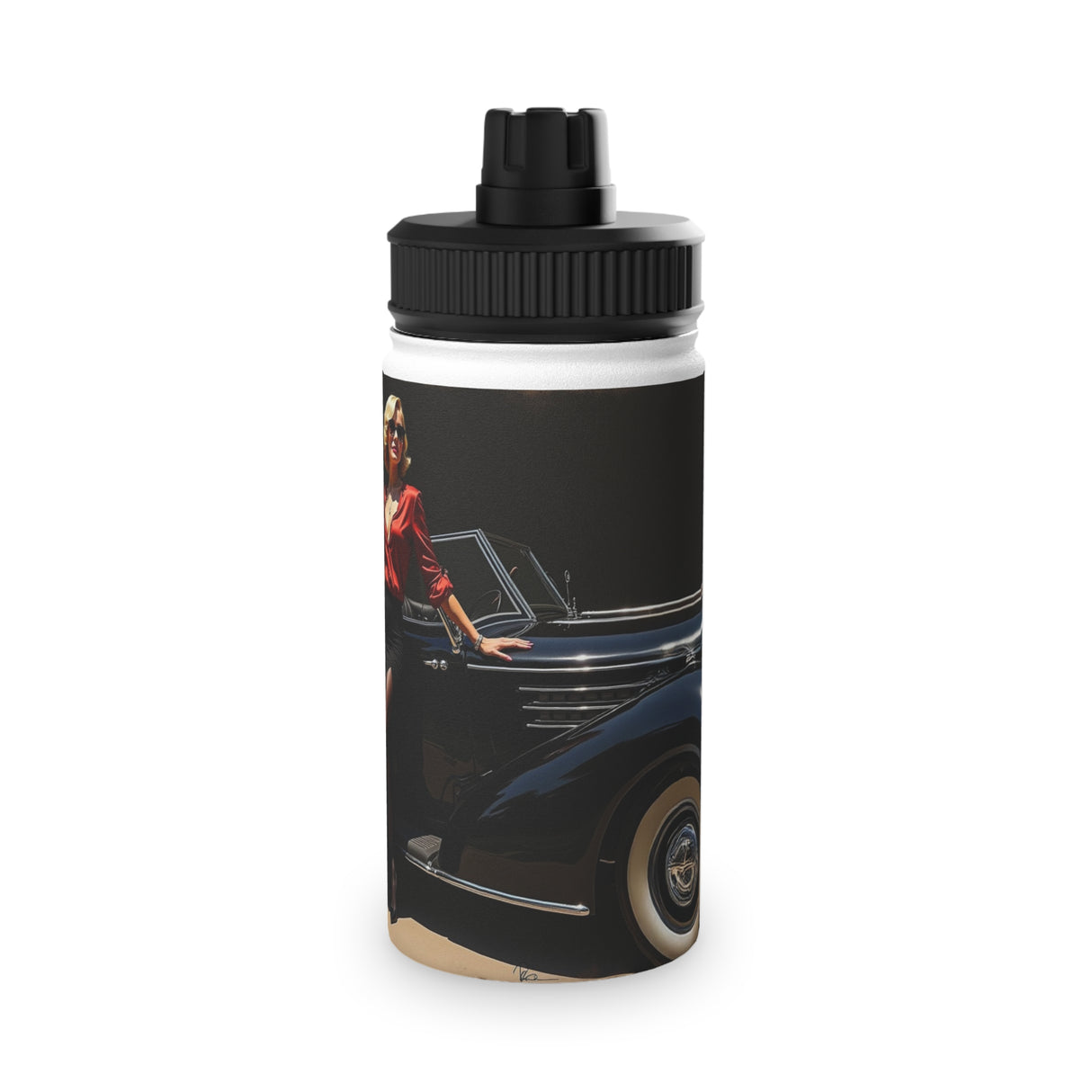 Vintage Car Stainless Steel Water Bottle — Retro Pin-Up Sports Lid featuring double-wall insulation to keep drinks hot or cold.