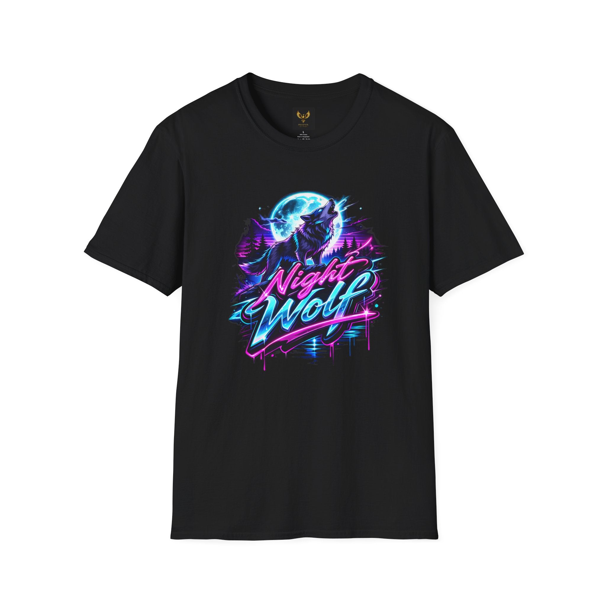 Night Wolf T-Shirt Retro Neon Wolf Graphic Tee  Black