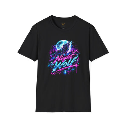 Night Wolf T-Shirt Retro Neon Wolf Graphic Tee  Black