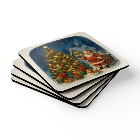Close-up of Vintage Santa Christmas Coaster Set highlighting the bright print of holiday elements and cork backing.