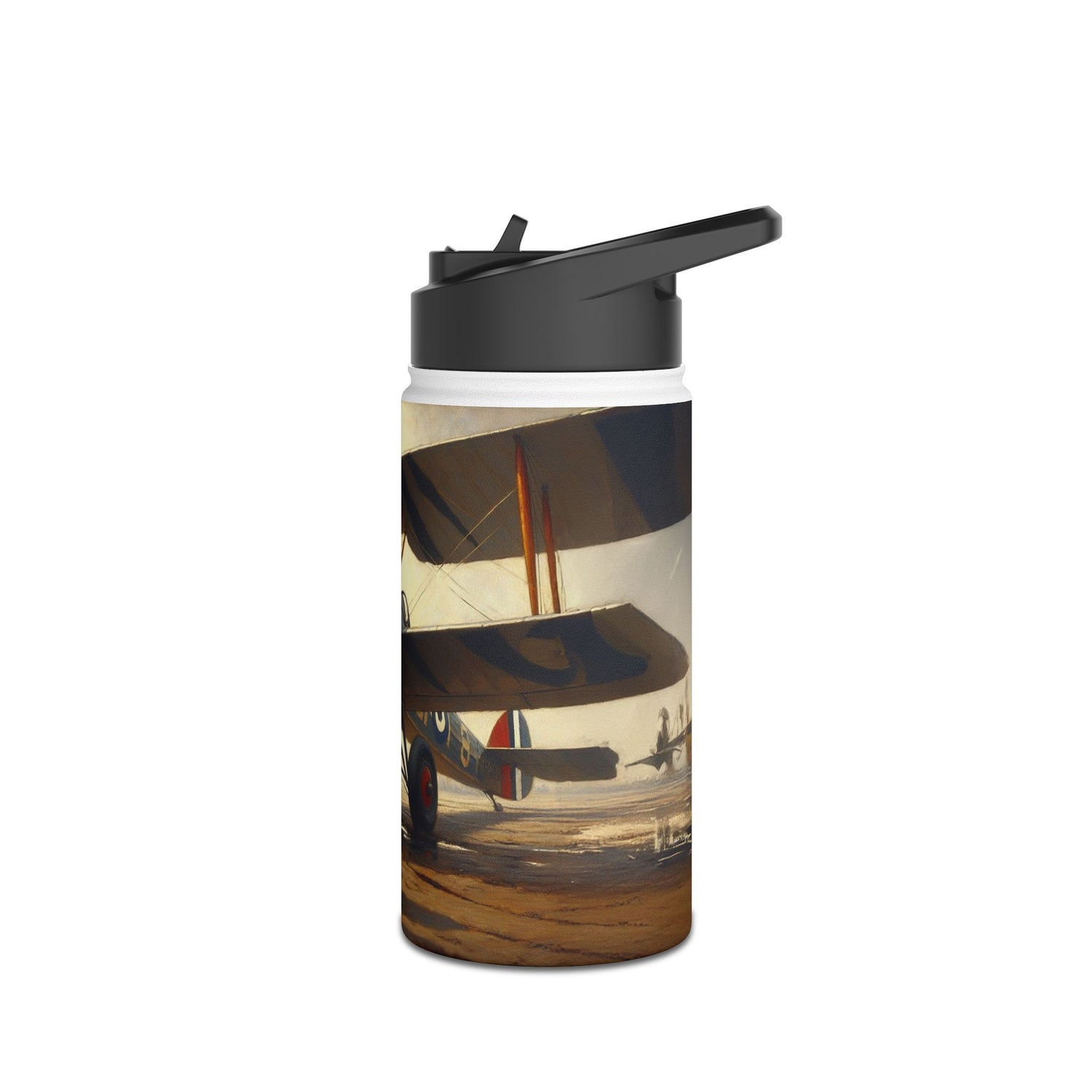 Lifestyle shot of the Aviator Vintage Stainless Steel Water Bottle paired with leather journals and maps, embodying the wanderlust spirit.