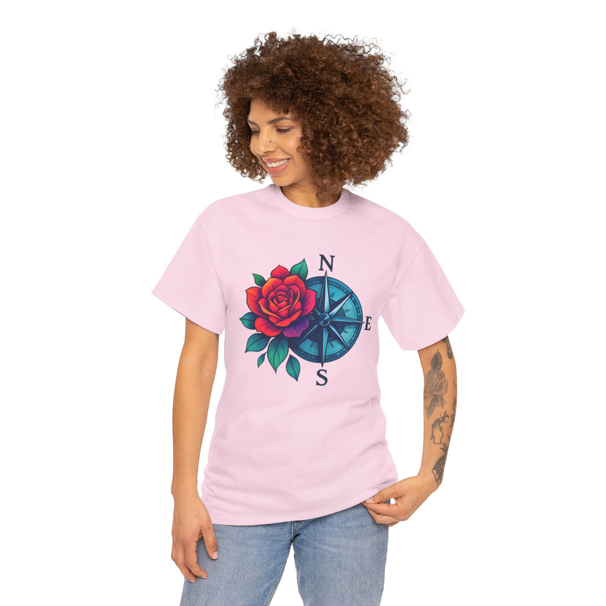 Eye-catching wear, Compass Rose Tee — Red Rose Nautical Compass Graphic T-Shirt in vibrant colors.