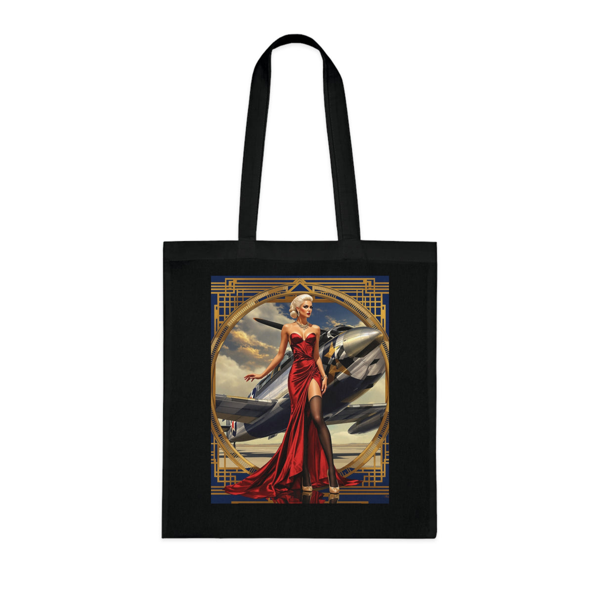 Flat lay of the Vintage Pinup Tote Bag, illustrating its vibrant colors and lightweight fabric perfect for various occasions.