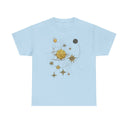 Flat lay of the Celestial Gold Star Map T-Shirt with a detailed view of the cosmic constellation print.