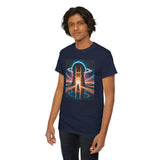 The Cosmic Bridge Graphic Tee featured in an outdoor adventure, capturing the spirit of exploration and discovery.