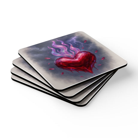 Gothic romantic drink coasters from the Flaming Heart Cork Coaster Set with non-slip cork backing, ideal for stylish beverage protection.