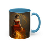 Fiery Goddess Accent Coffee Mug surrounded by art supplies, blending art and functionality.