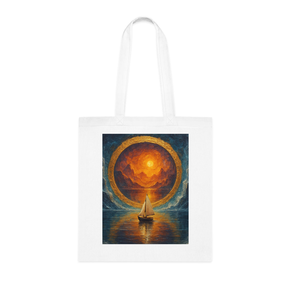 Sailboat Sunset Tote Bag – A view of the tote hanging stylishly, depicting the artistic ocean sunset canvas design.