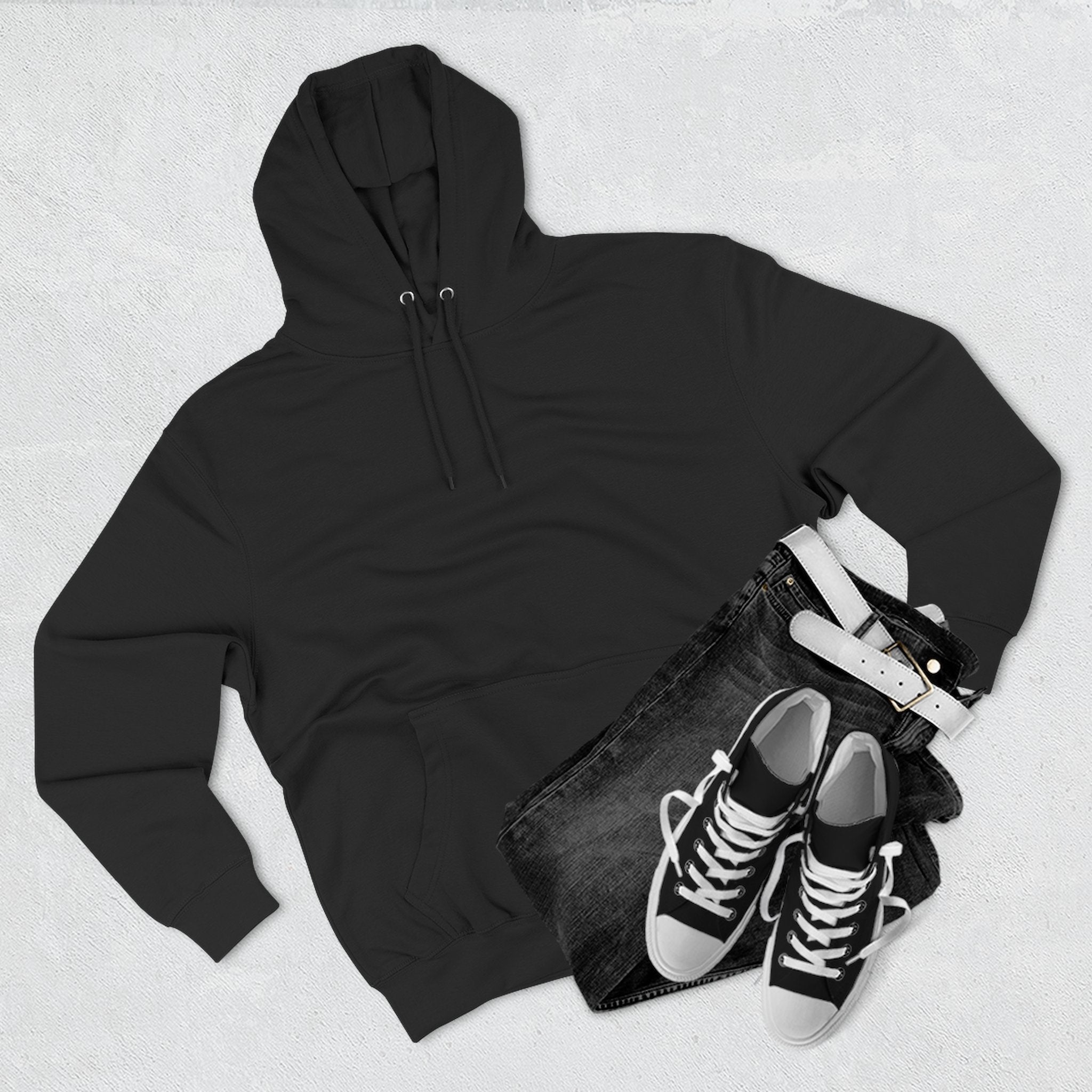 Aviator Three-Panel Hoodie displayed with size and care instructions.
