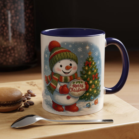 Close-up of the Christmas Snowman Coffee Mug displaying festive artwork with soft falling snow in a nostalgic winter scene.