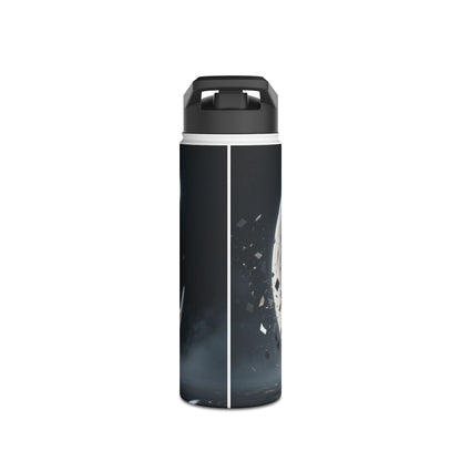 The Sunset Cove Stainless Steel Water Bottle displayed with a backdrop of coastal scenery and vibrant sunset colors.
