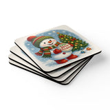 The cork backing of the Christmas Snowman Cork Coaster Set prevents sliding and protects surfaces, emphasizing functionality and style.
