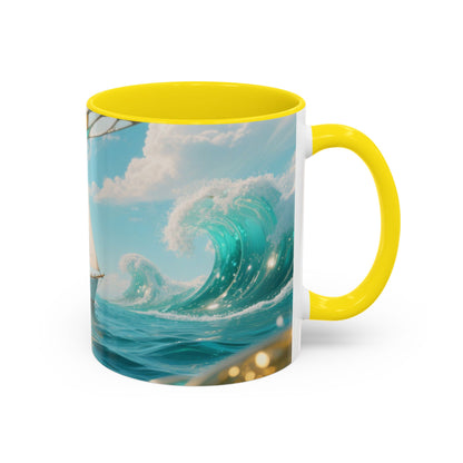 Sailboat Ocean Waves Accent Coffee Mug — Nautical Sea Morning Tea Cup US