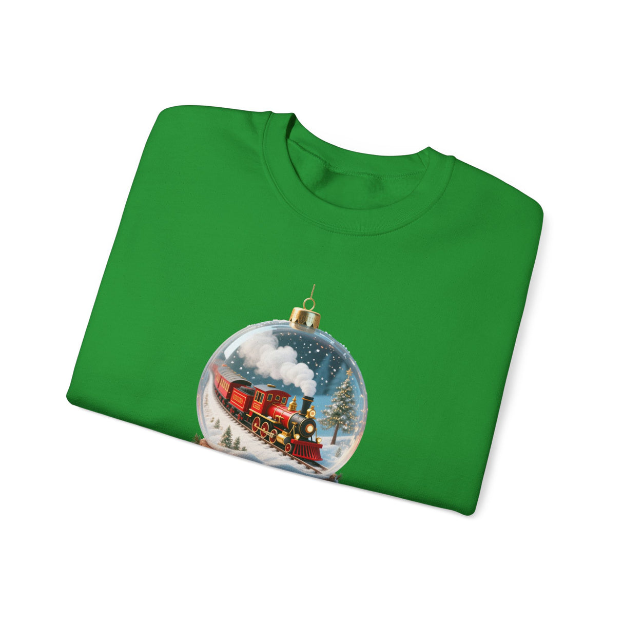 Casual outfit featuring the Christmas Train Snow Globe Sweatshirt, styled with jeans for a comfy holiday look.