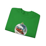 Casual outfit featuring the Christmas Train Snow Globe Sweatshirt, styled with jeans for a comfy holiday look.