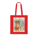The Christmas Reindeer Tote Bag in use at a crowded market, emphasizing its flat-corner construction and neat silhouette.