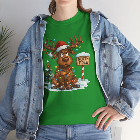 Christmas Reindeer Tee featuring a whimsical reindeer and colorful Christmas lights, perfect for holiday wear.