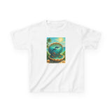 Kids Tee — Ocean Pearl Dolphin Shell Beach Graphic shown with kids enjoying a day outdoors, embracing adventure.