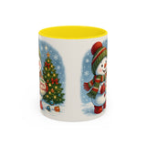 Christmas Snowman Coffee Mug on a kitchen table, surrounded by holiday treats and a cozy atmosphere.