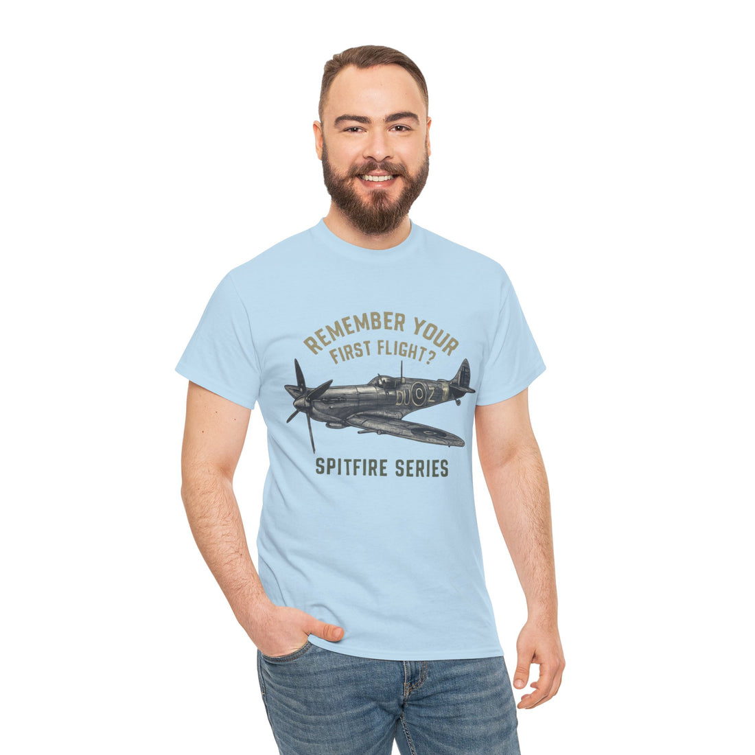Spitfire Series T-Shirt featuring a vintage WWII plane illustration, titled &
