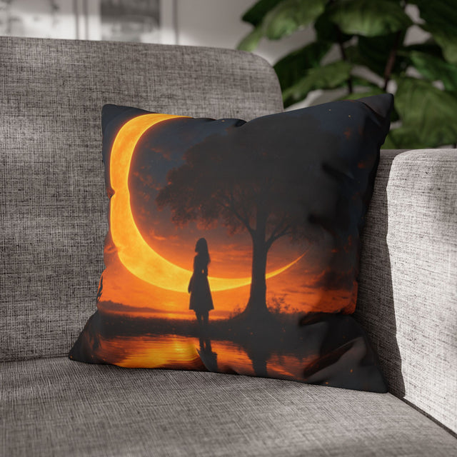 Crescent Moon Silhouette Decorative Pillow featuring a dreamy sunset nightscape with a silhouetted figure and crescent moon, perfect for adding a tranquil touch to your space.