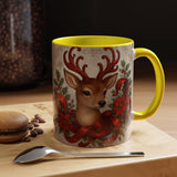 15 oz Christmas Reindeer Coffee Mug featuring lush poinsettias and ribbons for a festive touch.