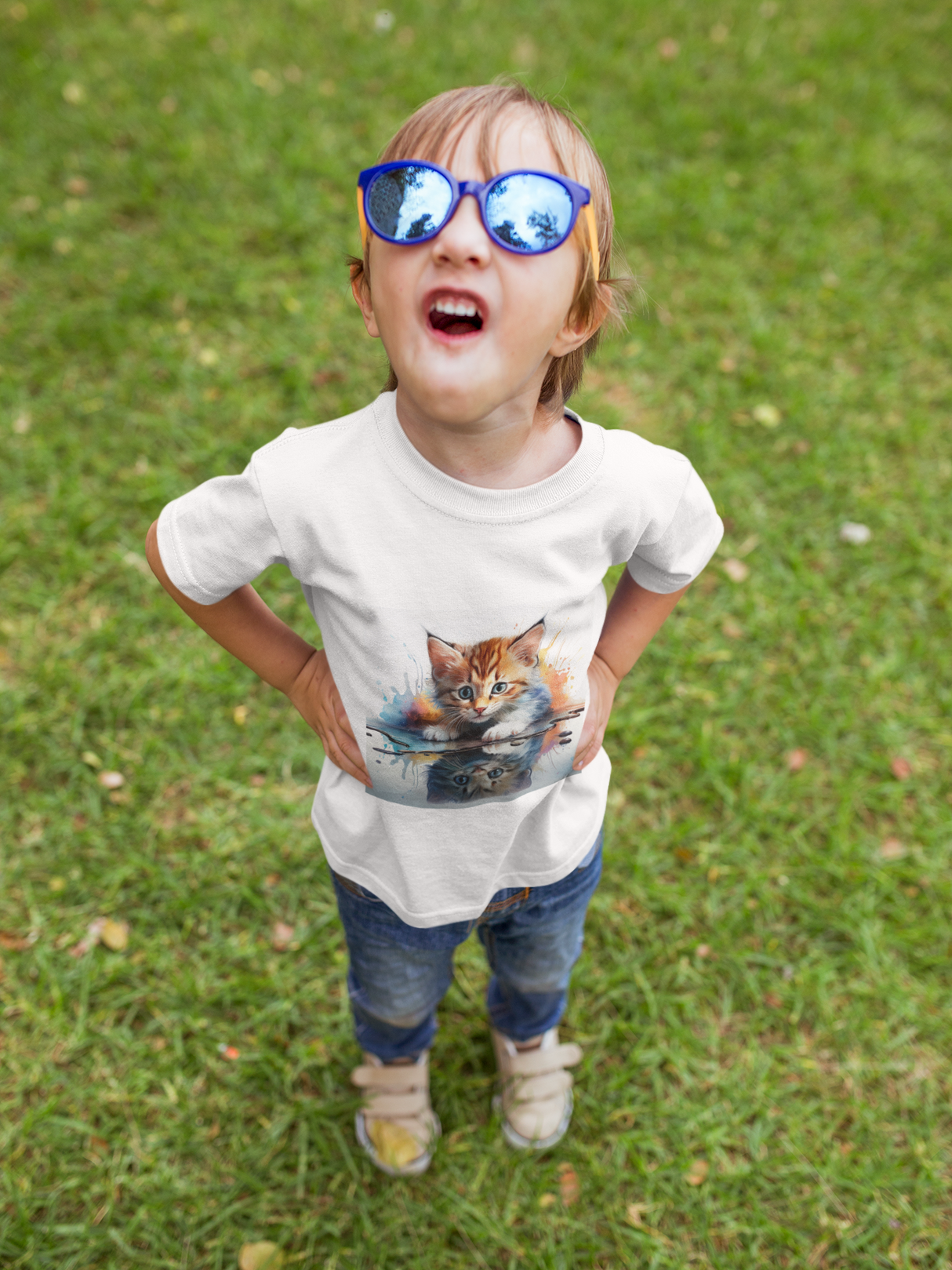 Whimsical Cat Art Toddler Tee Kids' Clothing featuring a cheerful cat illustration, perfect for toddlers who love cute and colorful designs.
